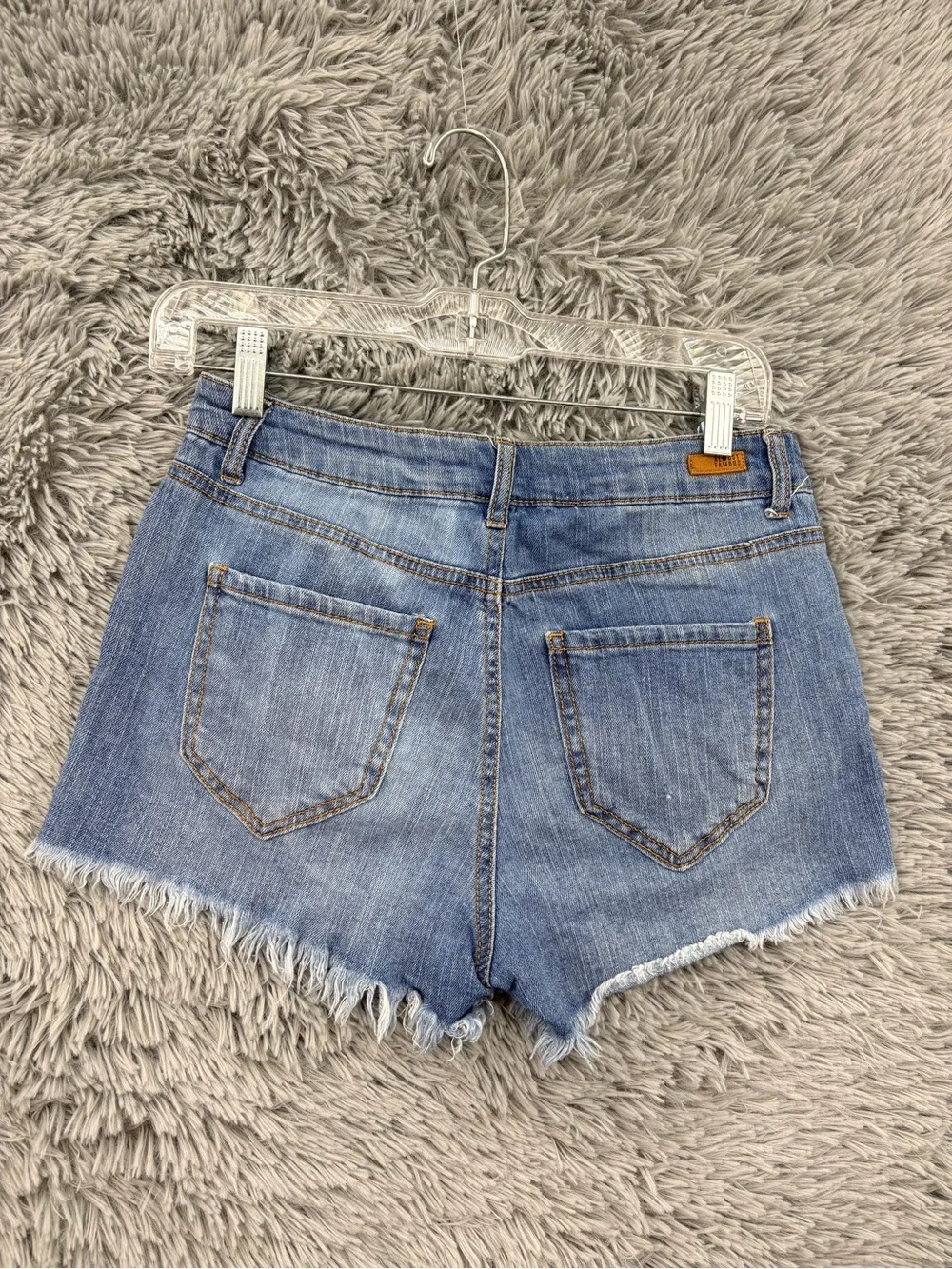 Almost Famous Denim Shorts Womens 10 High Rise Distressed Raw Hem Blue
